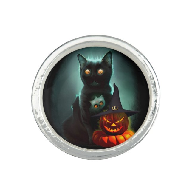 Vampire Cat and Wizard Pumpkin Halloween Surreal  Ring (Front)