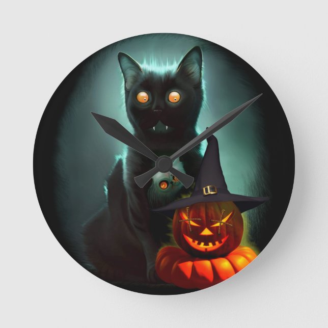 Vampire Cat and Wizard Pumpkin Halloween Surreal  Round Clock (Front)