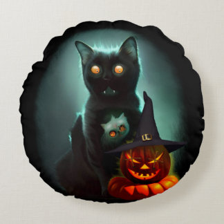 Vampire Cat and Wizard Pumpkin Halloween Surreal Round Pillow