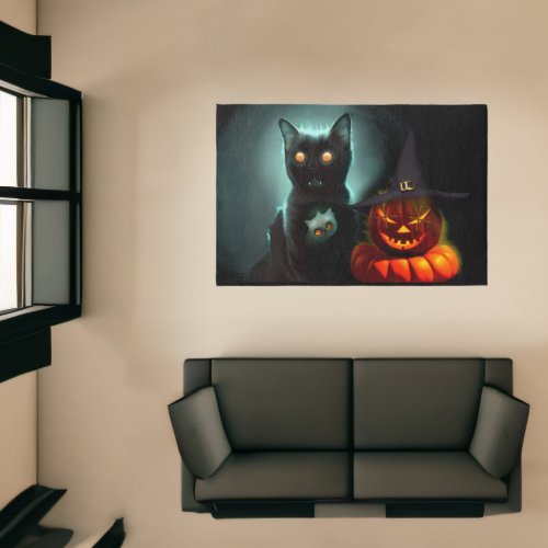 Vampire Cat and Wizard Pumpkin Halloween Surreal  Rug