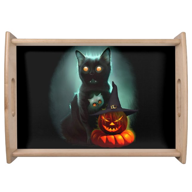 Vampire Cat and Wizard Pumpkin Halloween Surreal   Serving Tray (Front)