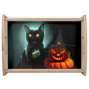 Vampire Cat and Wizard Pumpkin Halloween Surreal  Serving Tray