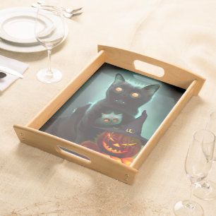 Vampire Cat and Wizard Pumpkin Halloween Surreal  Serving Tray