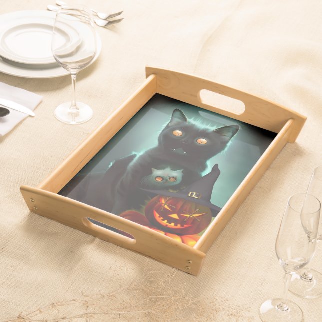 Vampire Cat and Wizard Pumpkin Halloween Surreal  Serving Tray (Front)