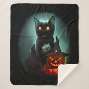 Vampire Cat and Wizard Pumpkin Halloween Surreal  Sherpa Blanket