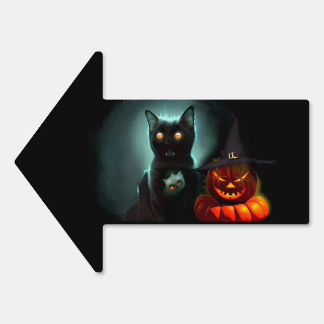 Vampire Cat and Wizard Pumpkin Halloween Surreal   Sign (Front)