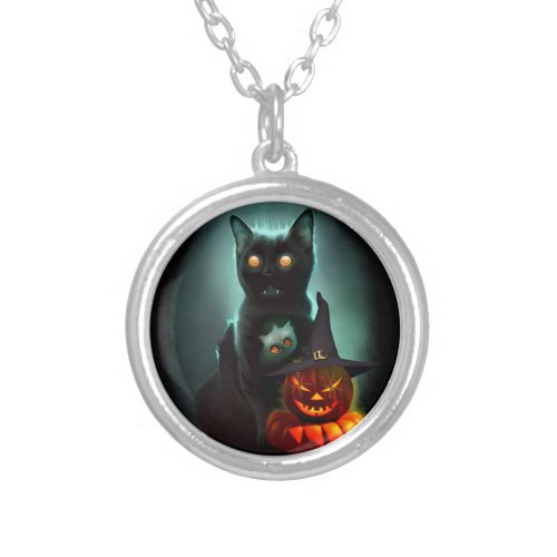 Vampire Cat and Wizard Pumpkin Halloween Surreal   Silver Plated Necklace