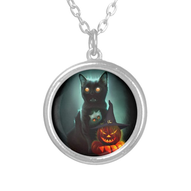 Vampire Cat and Wizard Pumpkin Halloween Surreal   Silver Plated Necklace (Front)