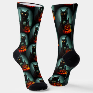 Vampire Cat and Wizard Pumpkin Halloween Surreal Socks