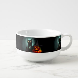 Vampire Cat and Wizard Pumpkin Halloween Surreal  Soup Mug