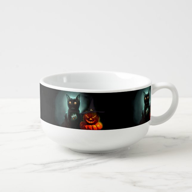 Vampire Cat and Wizard Pumpkin Halloween Surreal  Soup Mug (Left)
