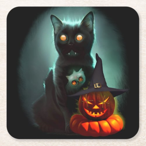 Vampire Cat and Wizard Pumpkin Halloween Surreal   Square Paper Coaster