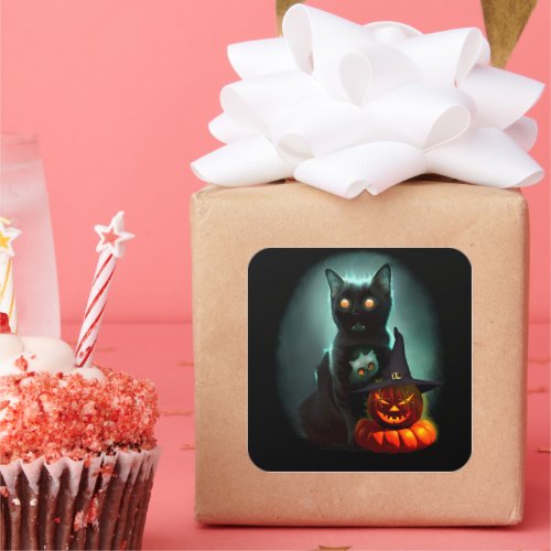 Vampire Cat and Wizard Pumpkin Halloween Surreal  Square Sticker