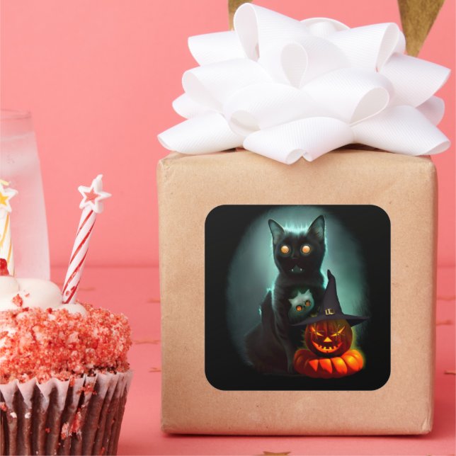 Vampire Cat and Wizard Pumpkin Halloween Surreal  Square Sticker (Party)