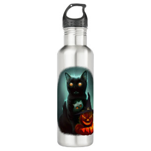 Vampire Cat and Wizard Pumpkin Halloween Surreal  Stainless Steel Water Bottle