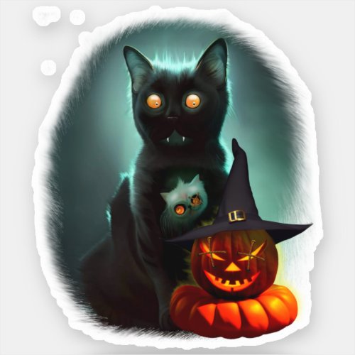 Vampire Cat and Wizard Pumpkin Halloween Surreal  Sticker