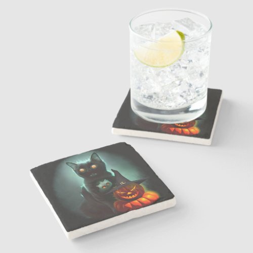 Vampire Cat and Wizard Pumpkin Halloween Surreal  Stone Coaster