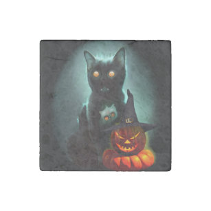 Vampire Cat and Wizard Pumpkin Halloween Surreal  Stone Magnet