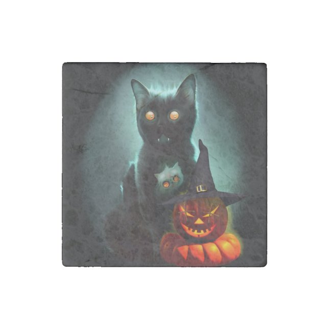 Vampire Cat and Wizard Pumpkin Halloween Surreal  Stone Magnet (Front)