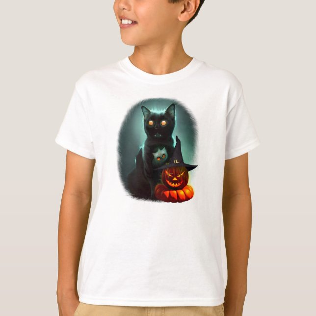 Vampire Cat and Wizard Pumpkin Halloween Surreal   T-Shirt (Front)
