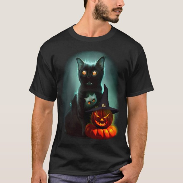 Vampire Cat and Wizard Pumpkin Halloween Surreal   T-Shirt (Front)