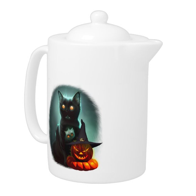 Vampire Cat and Wizard Pumpkin Halloween Surreal  Teapot (Left)