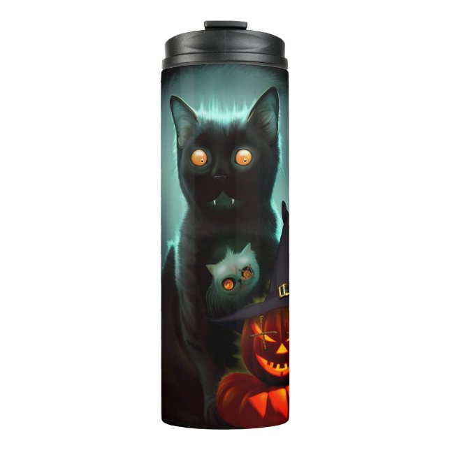 Vampire Cat and Wizard Pumpkin Halloween Surreal   Thermal Tumbler (Front)