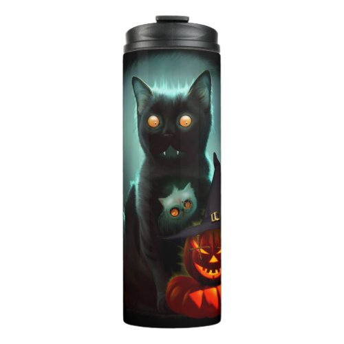 Vampire Cat and Wizard Pumpkin Halloween Surreal  Thermal Tumbler