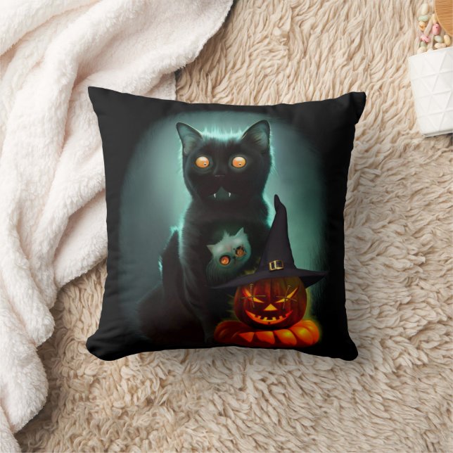 Vampire Cat and Wizard Pumpkin Halloween Surreal   Throw Pillow (Blanket)