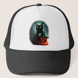 Vampire Cat and Wizard Pumpkin Halloween Surreal Trucker Hat