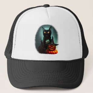 Vampire Cat and Wizard Pumpkin Halloween Surreal  Trucker Hat