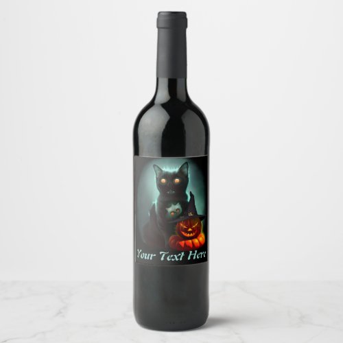 Vampire Cat and Wizard Pumpkin Halloween Surreal   Wine Label