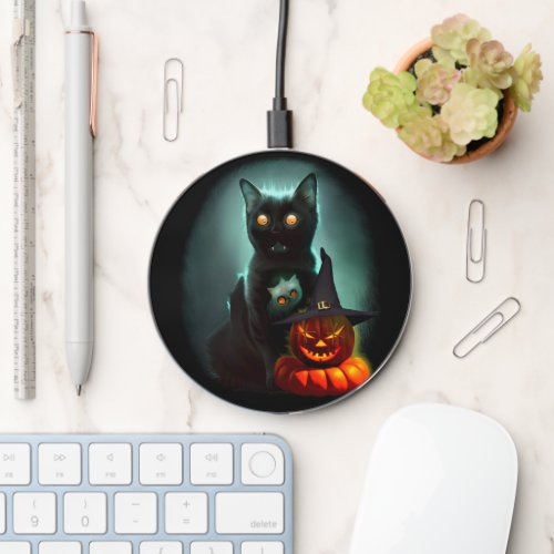 Vampire Cat and Wizard Pumpkin Halloween Surreal  Wireless Charger