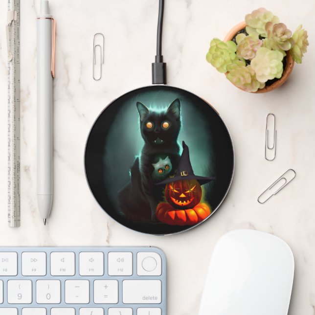 Vampire Cat and Wizard Pumpkin Halloween Surreal  Wireless Charger (Desk)
