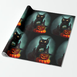 Vampire Cat and Wizard Pumpkin Halloween Surreal Wrapping Paper