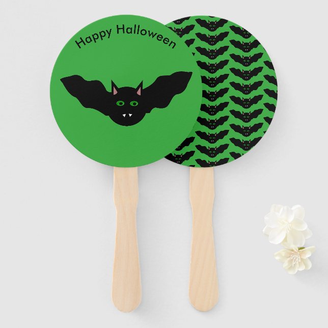 Vampire Cat Faced Bat Halloween Custom Hand Fan (Front and Back)