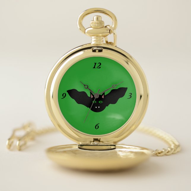 Vampire Cat Faced Bat Halloween Pocket Watch (Inside)