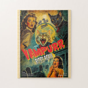 Vampire cat - retro horror poster jigsaw puzzle