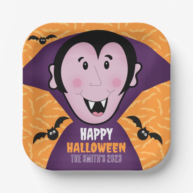 Vampire Dracula Bats Kids Cute Happy Halloween  Paper Plates (Front)