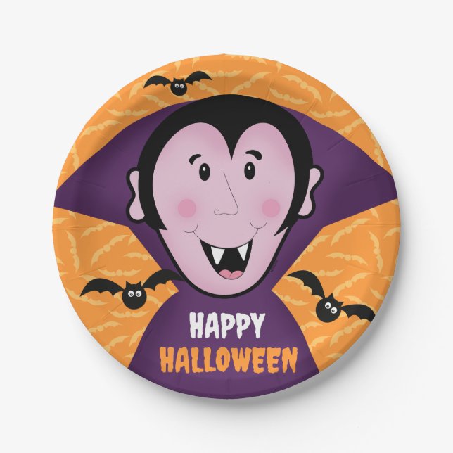 Vampire Dracula Bats Kids Cute Happy Halloween  Paper Plates (Front)