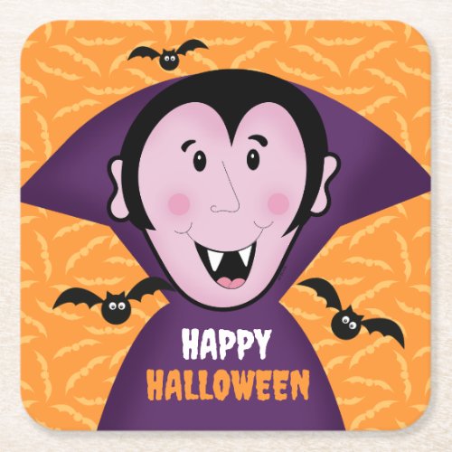 Vampire Dracula Bats Kids Cute Happy Halloween  Square Paper Coaster