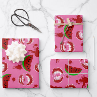 Vampire Eating Watermelon Summerween Party Pink Wrapping Paper Sheets