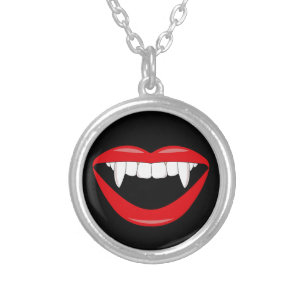 Vampire Girl Fangs and Red Lips Goth Silver Plated Necklace