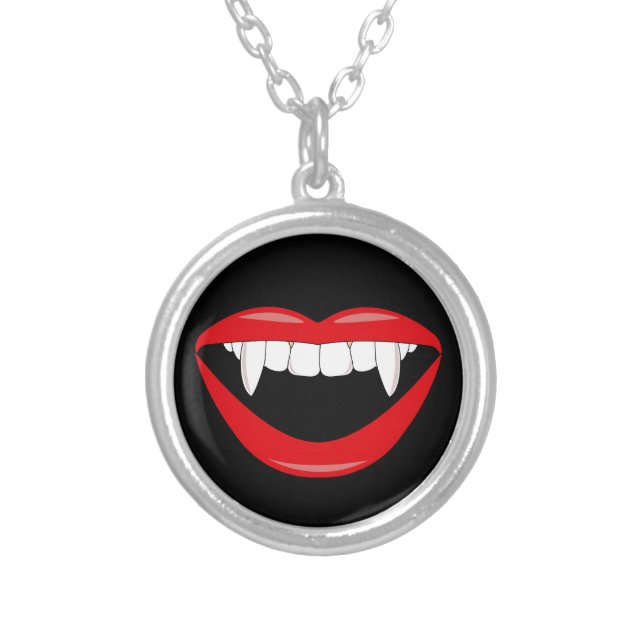 Vampire Girl Fangs and Red Lips Goth Silver Plated Necklace (Front)