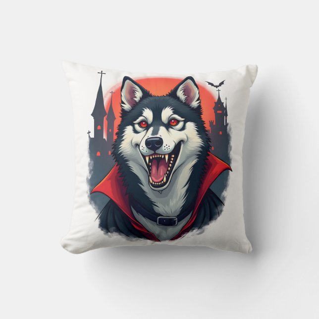 Vampire Husky Bite Throw Pillow (Front)