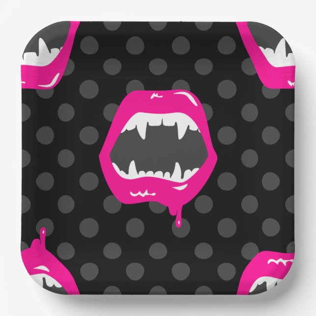 vampire lips monster fanged creature pink paper plates (Front)