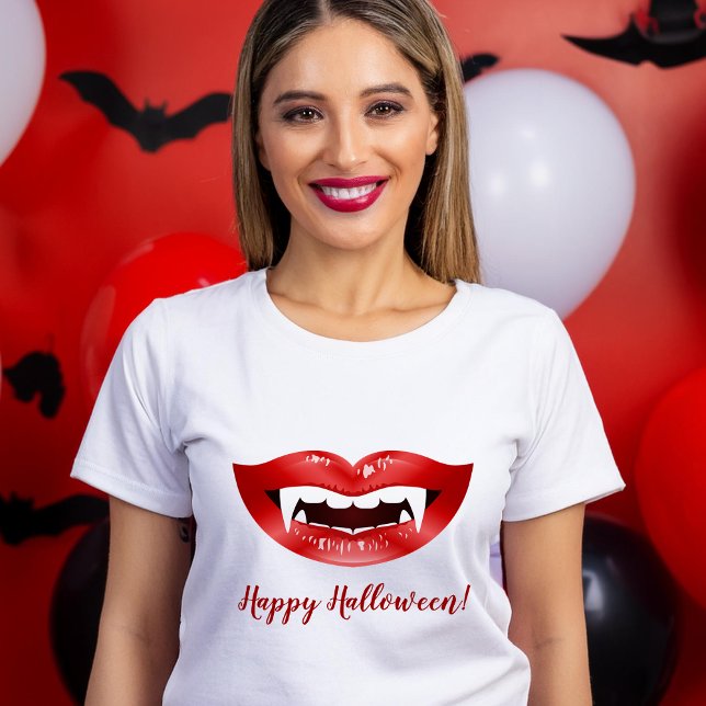 Vampire Lips Red Mouth With Fangs Happy Halloween T-Shirt (Please note: This image is a digital mockup.)