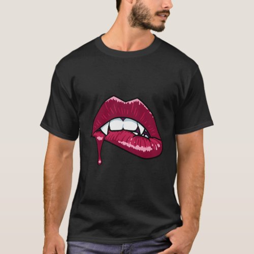Vampire Mouth _ Fang Biting Lip With Drop Of Blood T_Shirt