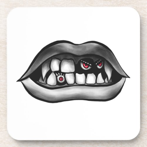 Vampire Mouth With Fangs And Evil Creatures Beverage Coaster