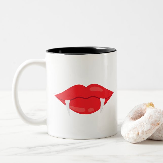 Vampire mouth with fangs Two-Tone coffee mug (With Donut)